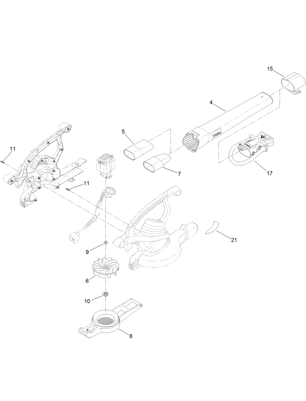 Blower Tube And Impeller Assembly Diagram and Parts List for 51621 (316000001 - 316999999)(2016) Lawn Boy Leaf Blower / Vacuum